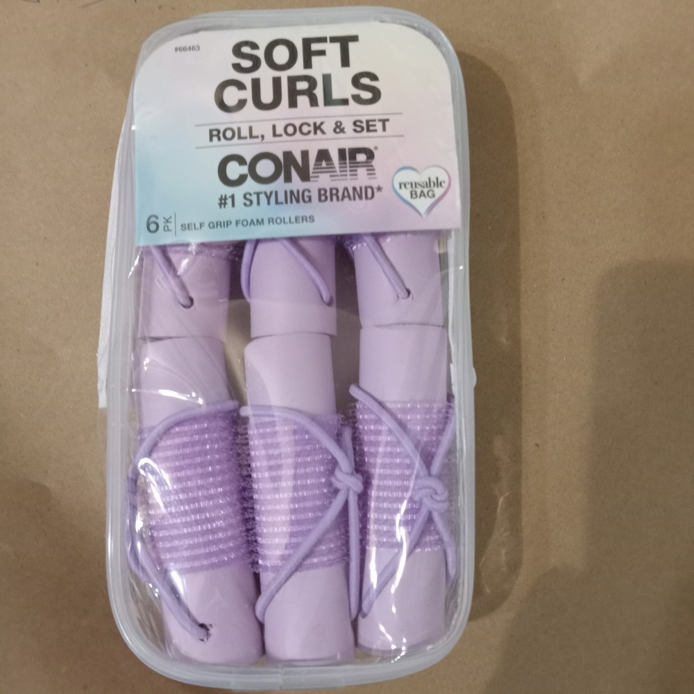 Conair Soft Curls 6 Pack Self Grip Foam Rollers Purple Roll Lock & Set 66463 New